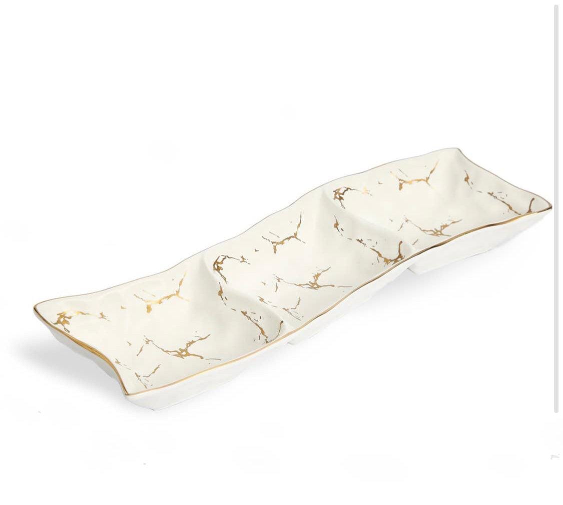 White Porcelain Relish Dish With Gold Design Snack Bowls High Class Touch - Home Decor