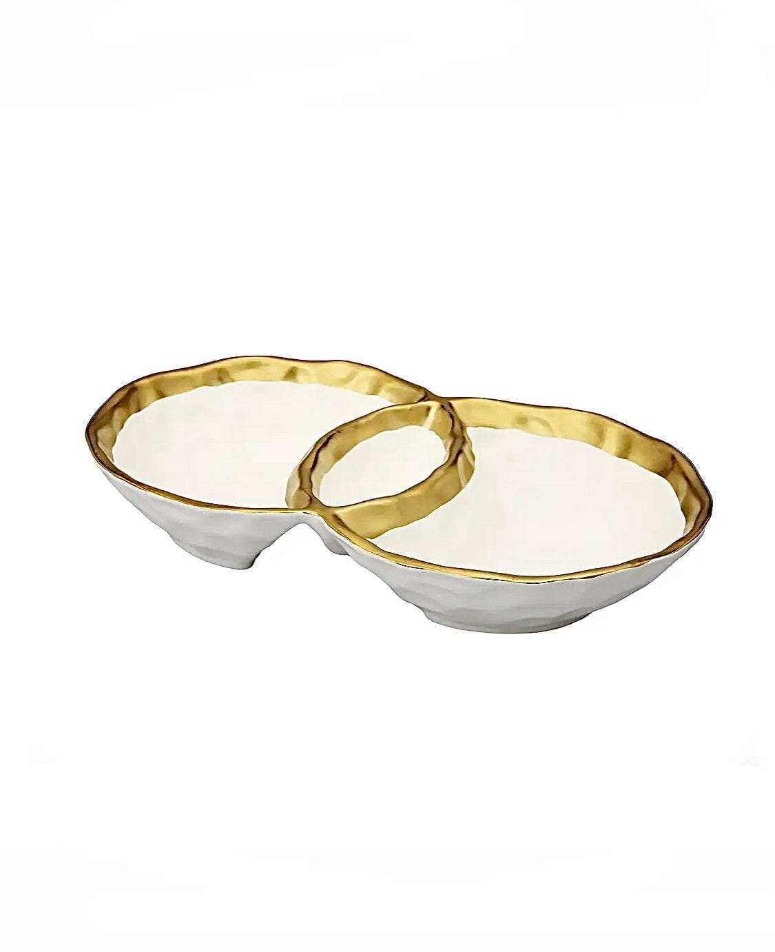 White Porcelain Round Double Bowl with Gold Rim Serving Bowls High Class Touch - Home Decor