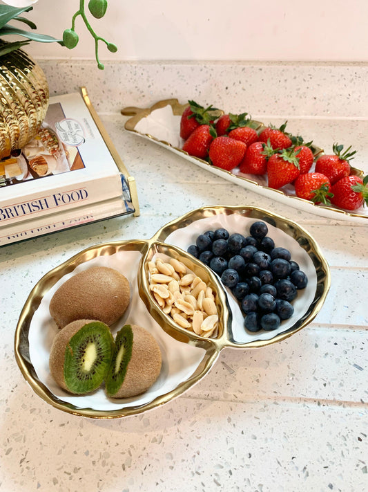 White Porcelain Round Double Bowl with Gold Rim Serving Bowls High Class Touch - Home Decor