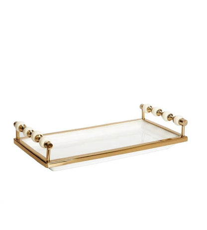 White Rectangular Tray with White and Gold beaded Handles Decorative Trays High Class Touch - Home Decor 