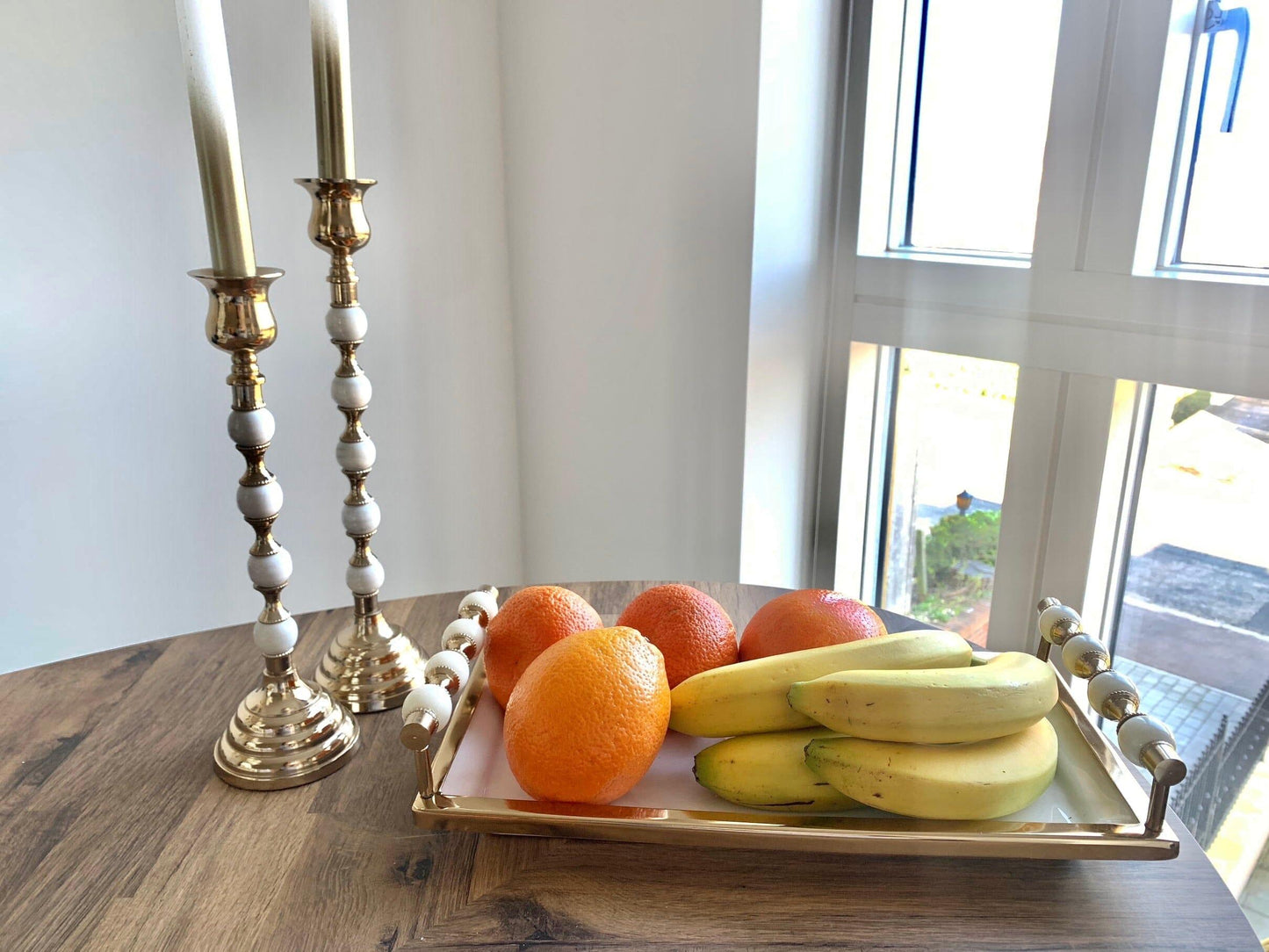 White Rectangular Tray with White and Gold beaded Handles Decorative Trays High Class Touch - Home Decor