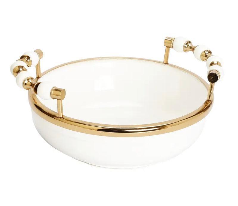 White Round Bowl with Gold and White Beaded Design Handles Decorative Bowls High Class Touch - Home Decor
