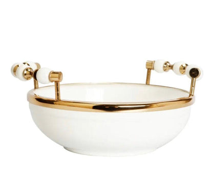 White Round Bowl with Gold and White Beaded Design Handles Decorative Bowls High Class Touch - Home Decor 