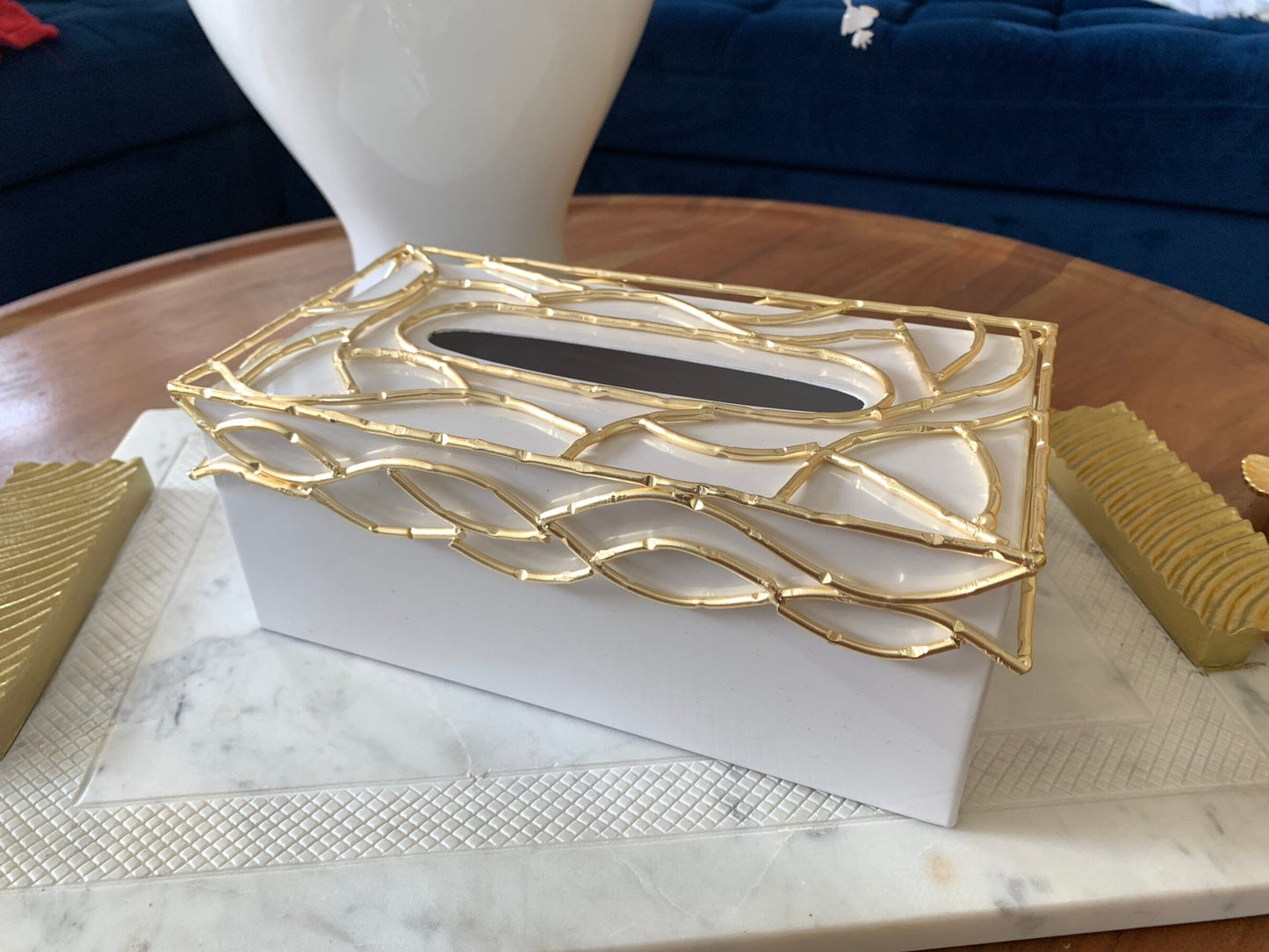 White Tissue Box Gold Mesh Design on Cover Facial Tissue Holders High Class Touch - Home Decor