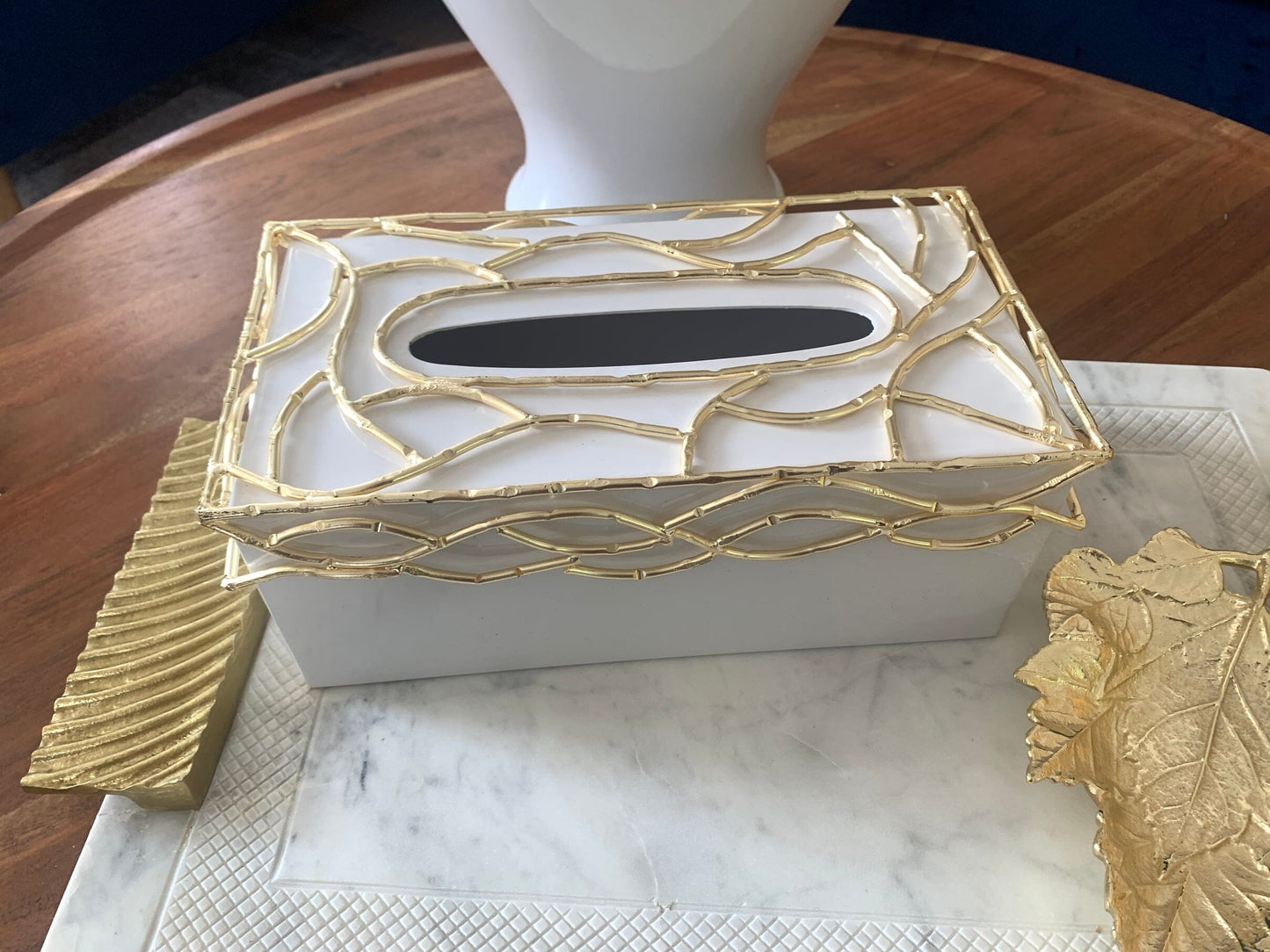 White Tissue Box Gold Mesh Design on Cover Facial Tissue Holders High Class Touch - Home Decor 