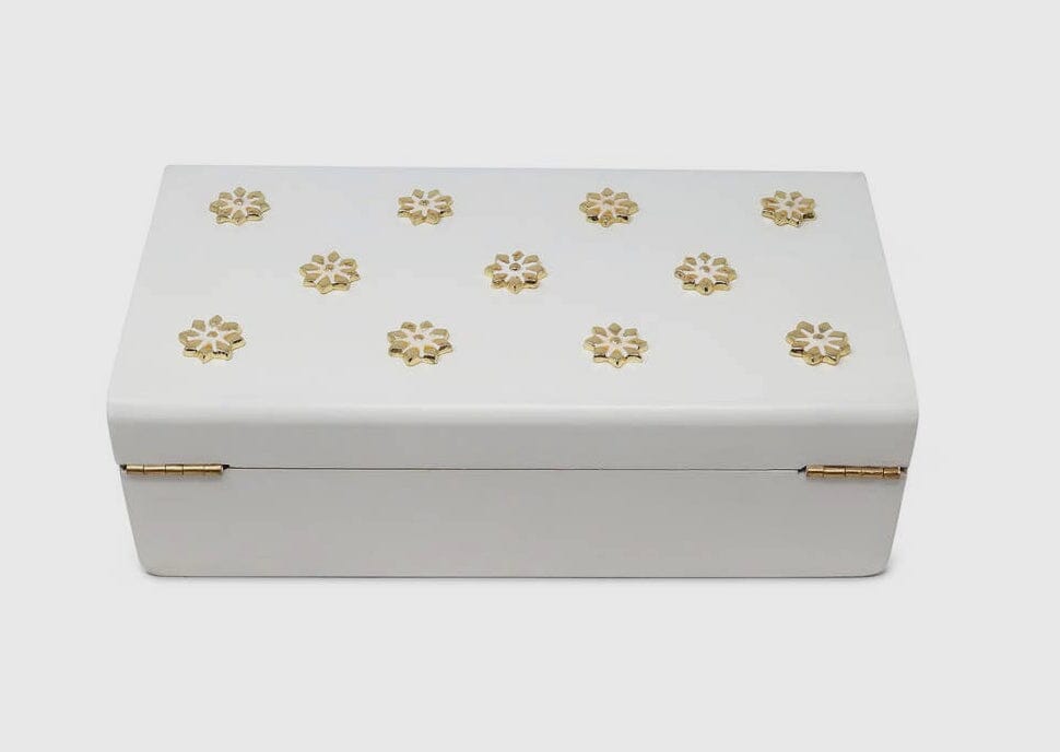 White Wooden Decorative Box with Gold Flower Beads Decorative box High Class Touch - Home Decor