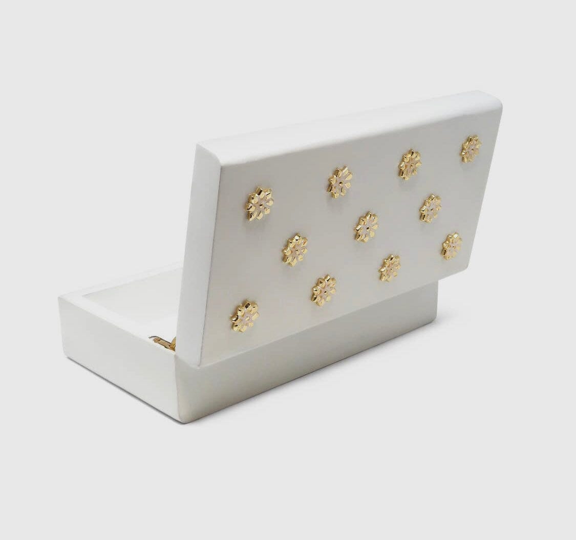 White Wooden Decorative Box with Gold Flower Beads Decorative box High Class Touch - Home Decor