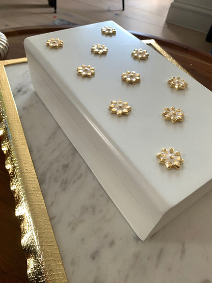 White Wooden Decorative Box with Gold Flower Beads Decorative box High Class Touch - Home Decor 