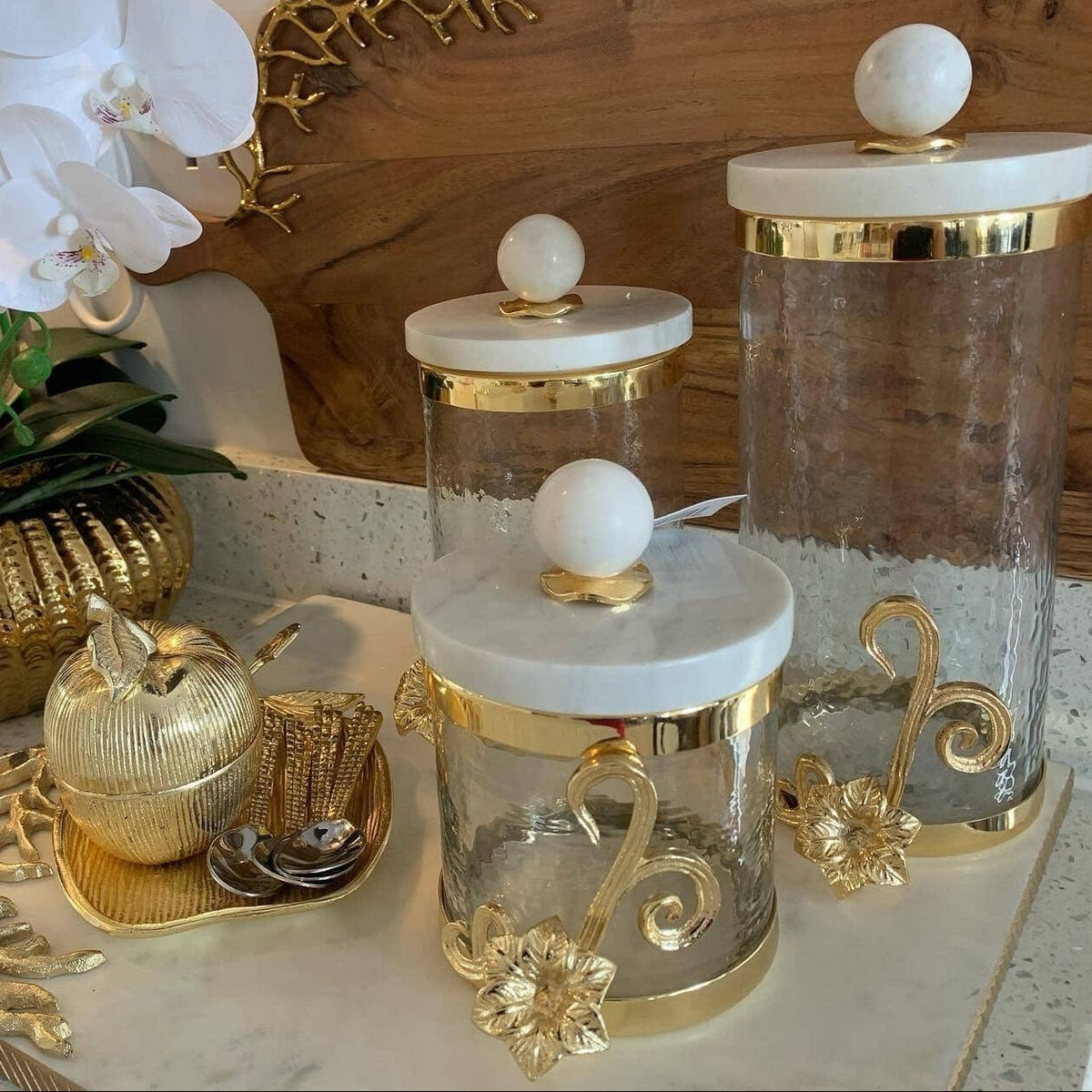 Glass Canister with Gold Design and Marble Lid Canisters High Class Touch - Home Decor 