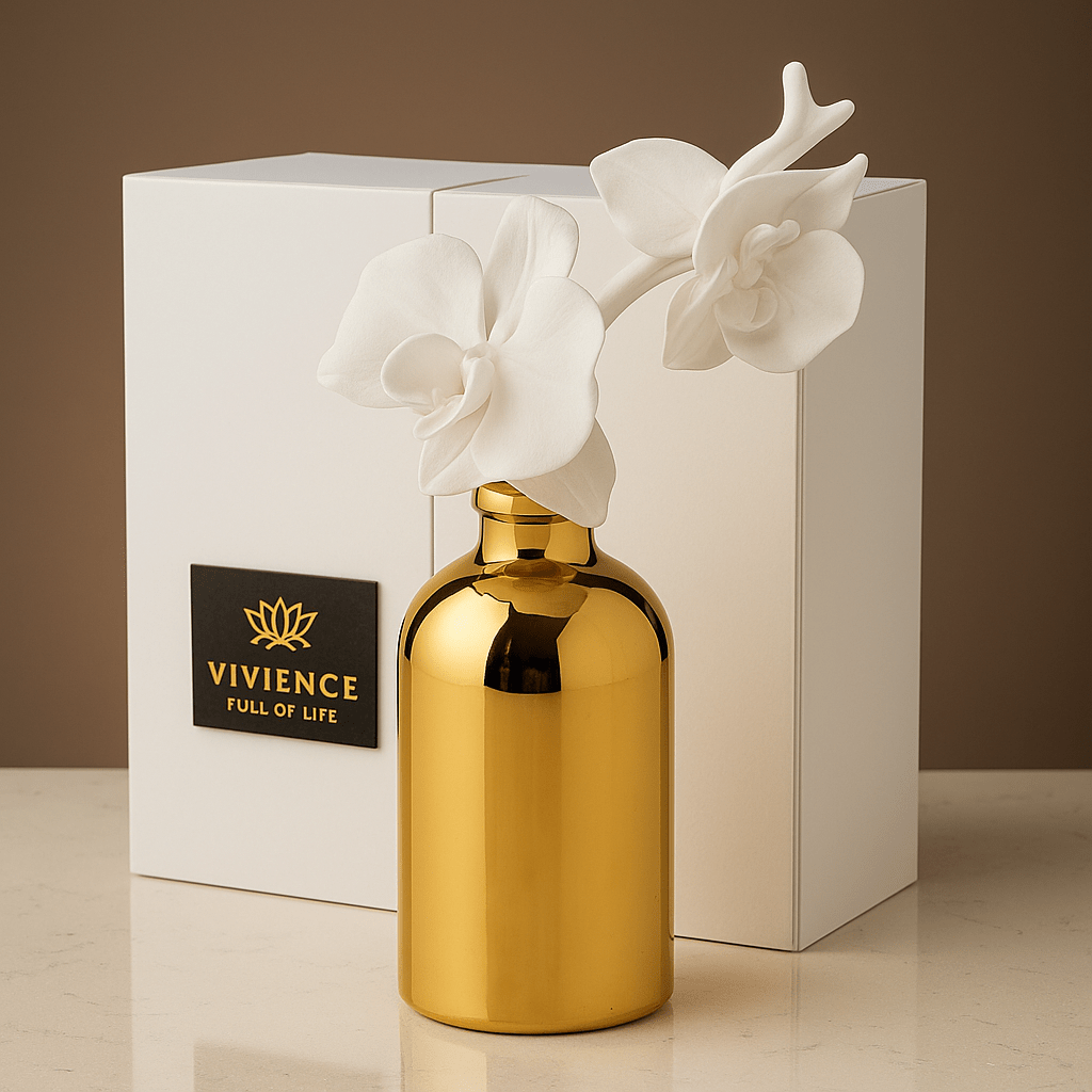 Gold Bottle Diffuser with Gold Cap/White Flower - High Class Touch