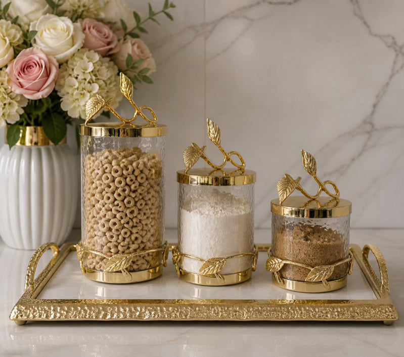 Gold Glass tea Coffee Sugar Canister Jar | Luxury kitchen storage jar UK | High Class Touch