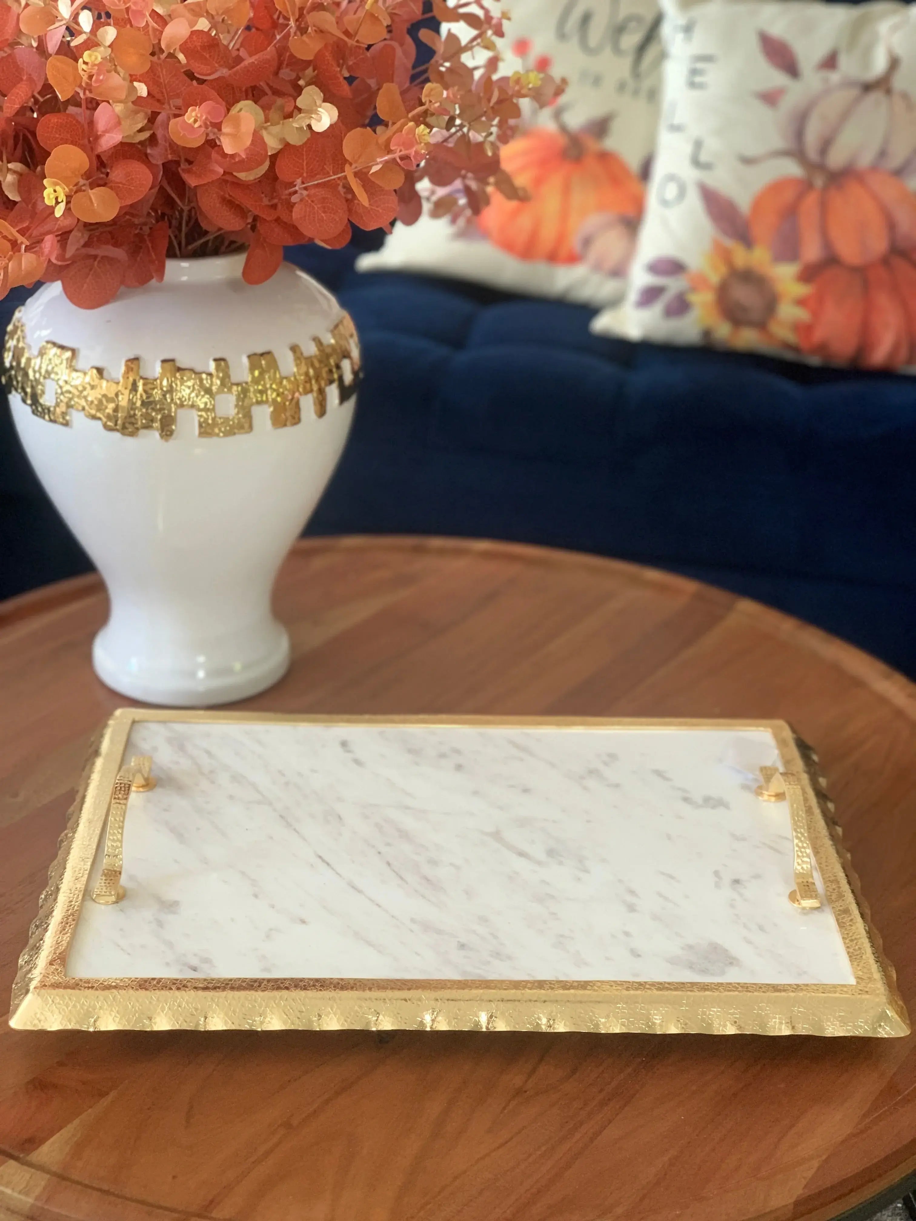 Designer Marble tray with gold handles and ruffle edge