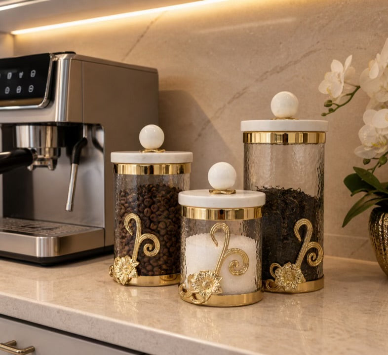 Glass Canister with Gold Design and Marble Lid