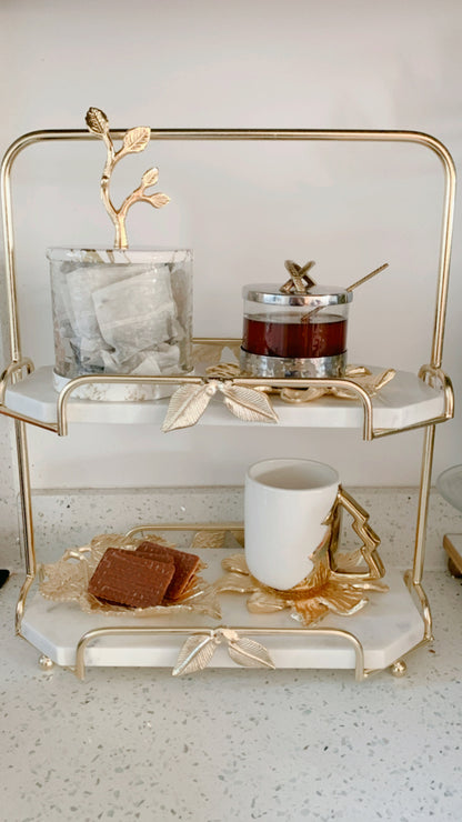 Two-Tier Marble and Gold Cake Stand Tray Leaf Design