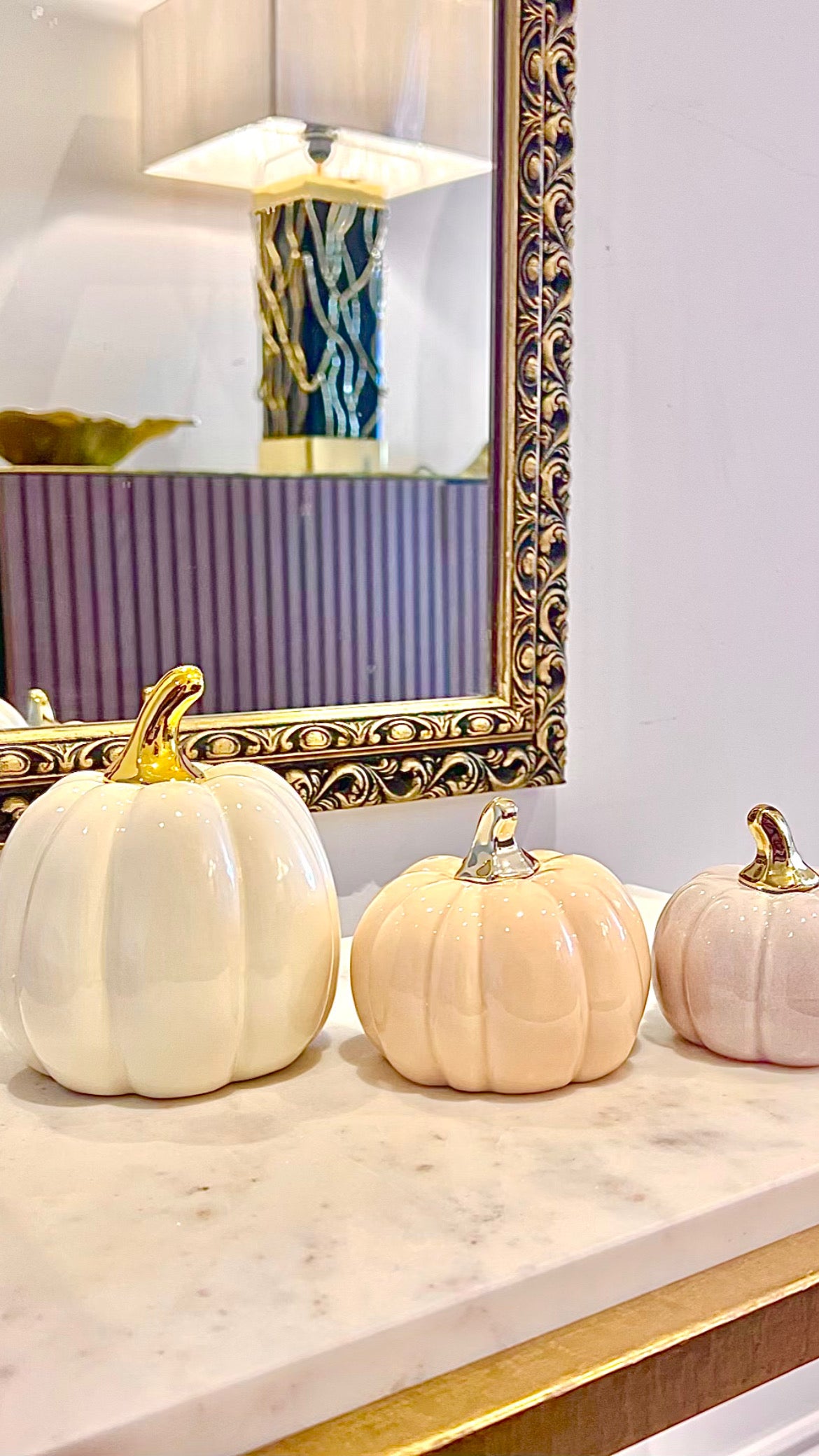 Small Porcelain Pumpkins with Gold Stem Decorative Ornament set of 2