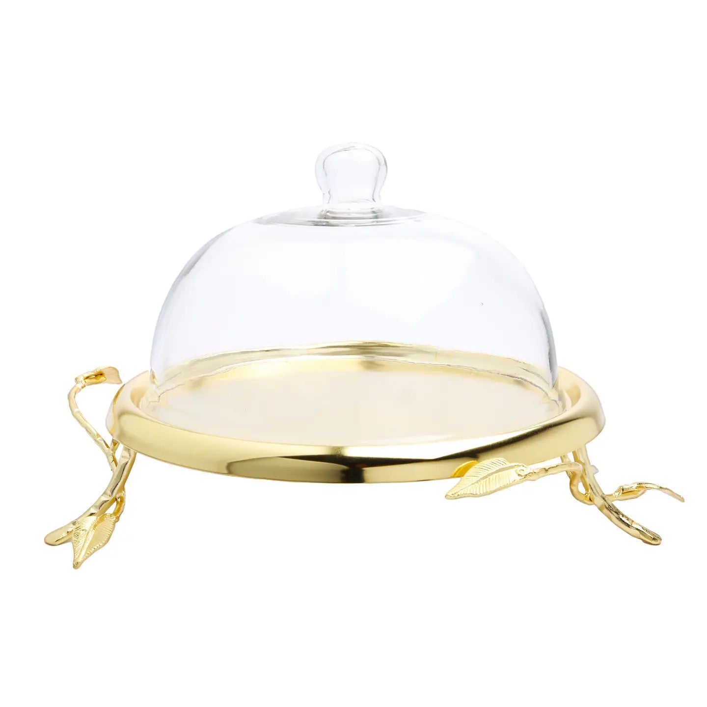 10.5" Gold Leaf Cake Plate with Glass Dome Cake Stands High Class Touch - Home Decor 