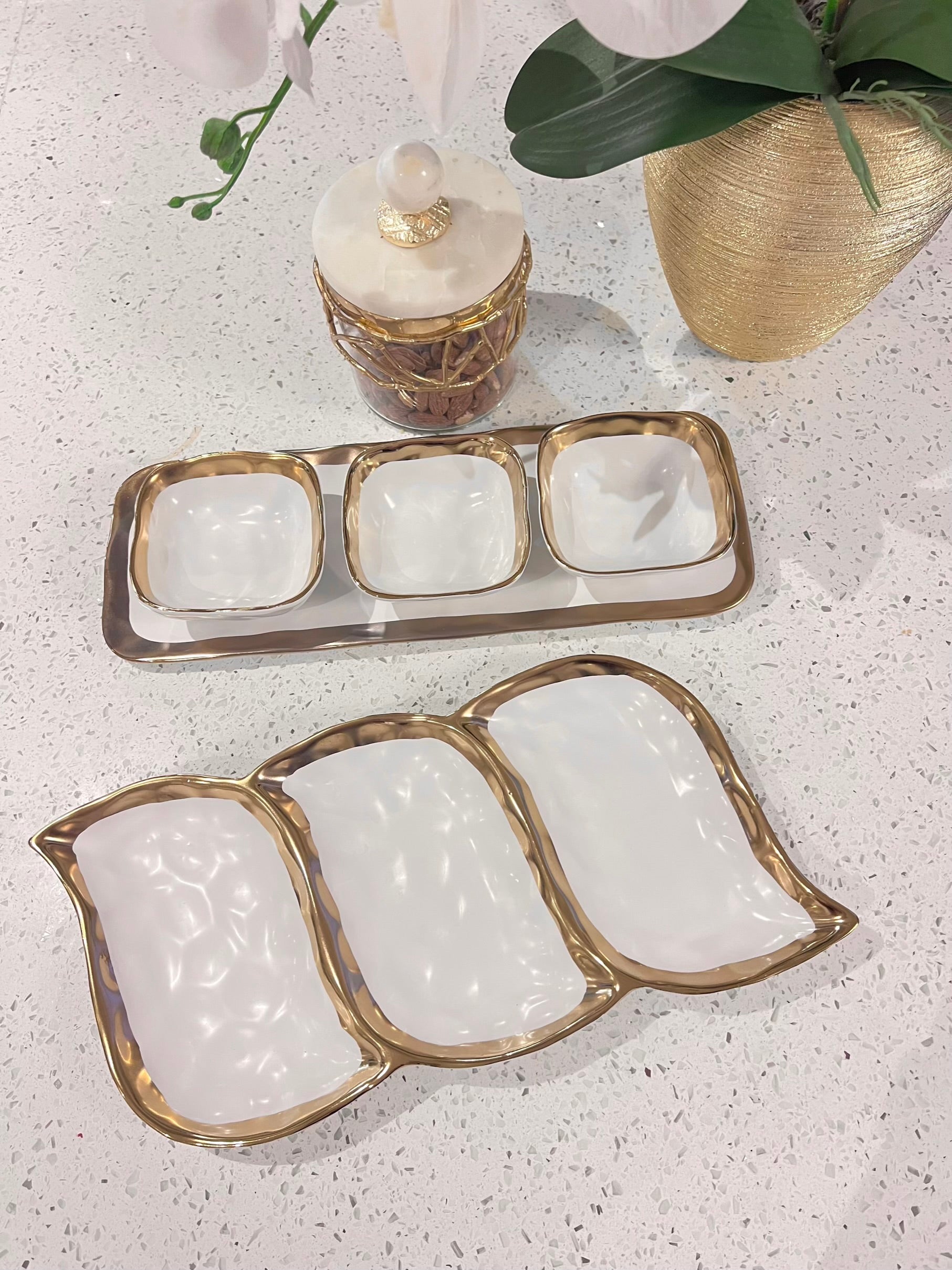 White gold rim porcelain relish dish | Elegant dining accessory UK
