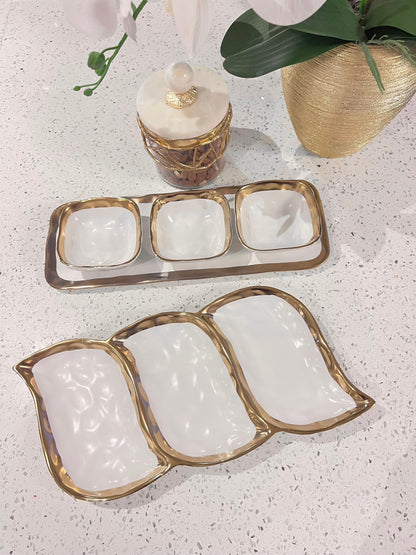 Porcelain White Relish Dish with Gold Rim