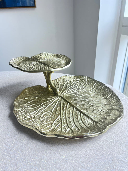 2 Tier Gold Lotus Flower Tray Decorative Plates High Class Touch - Home Decor 