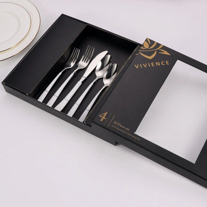 20Pcs Cutlery Set Sleek Design Silver with White/Black Handle High Class Touch 