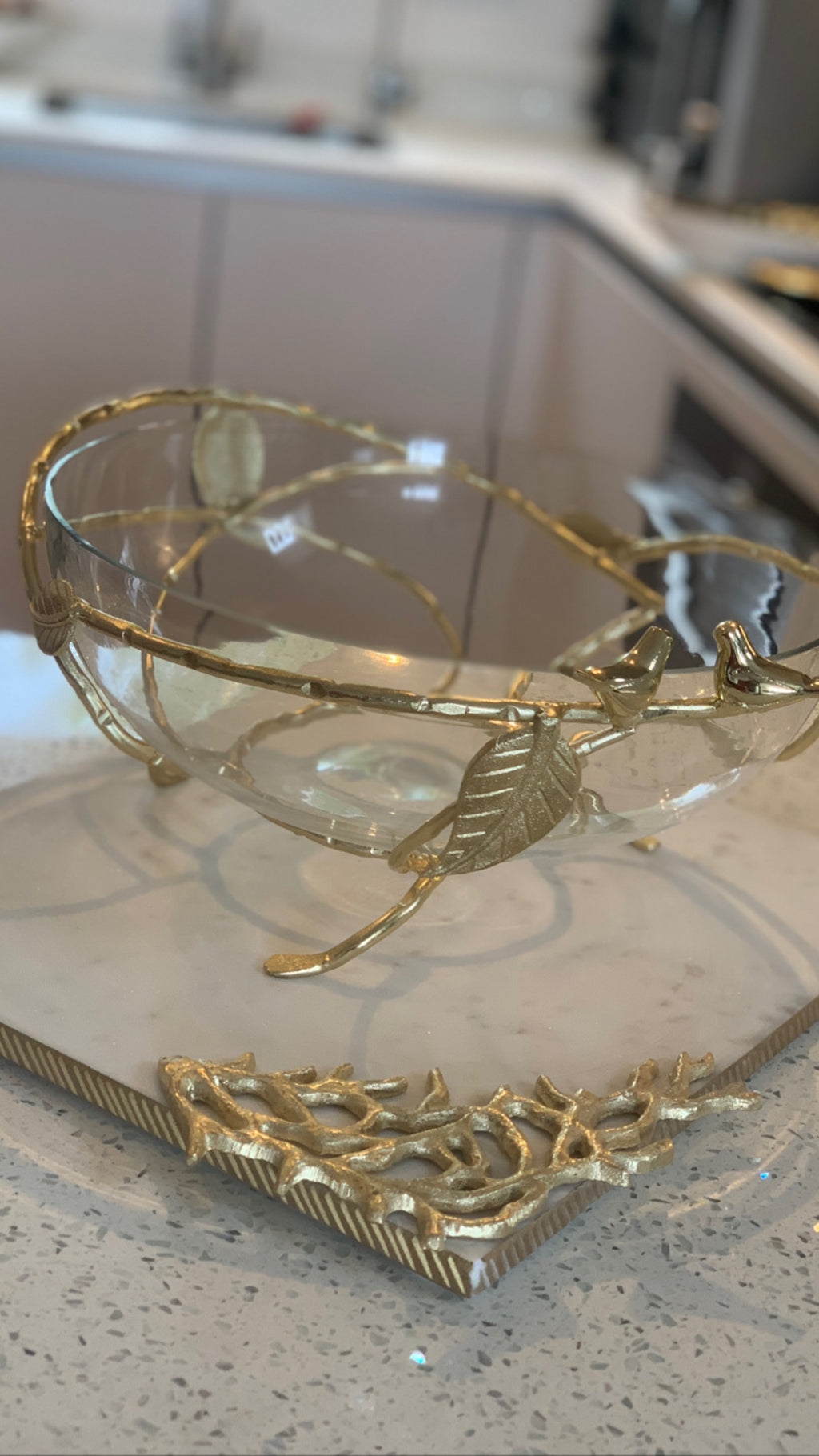 Elegant gold glass bowl centrepiece on leaf base | Luxury home decor UK