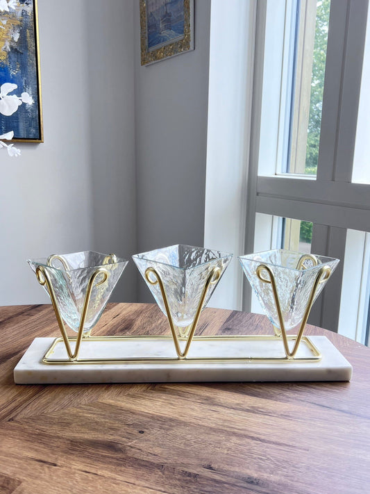3 Sectional Glass Relish Dish With Gold Brass And Marble Base (with imperfection) Snack Bowls High Class Touch - Home Decor 