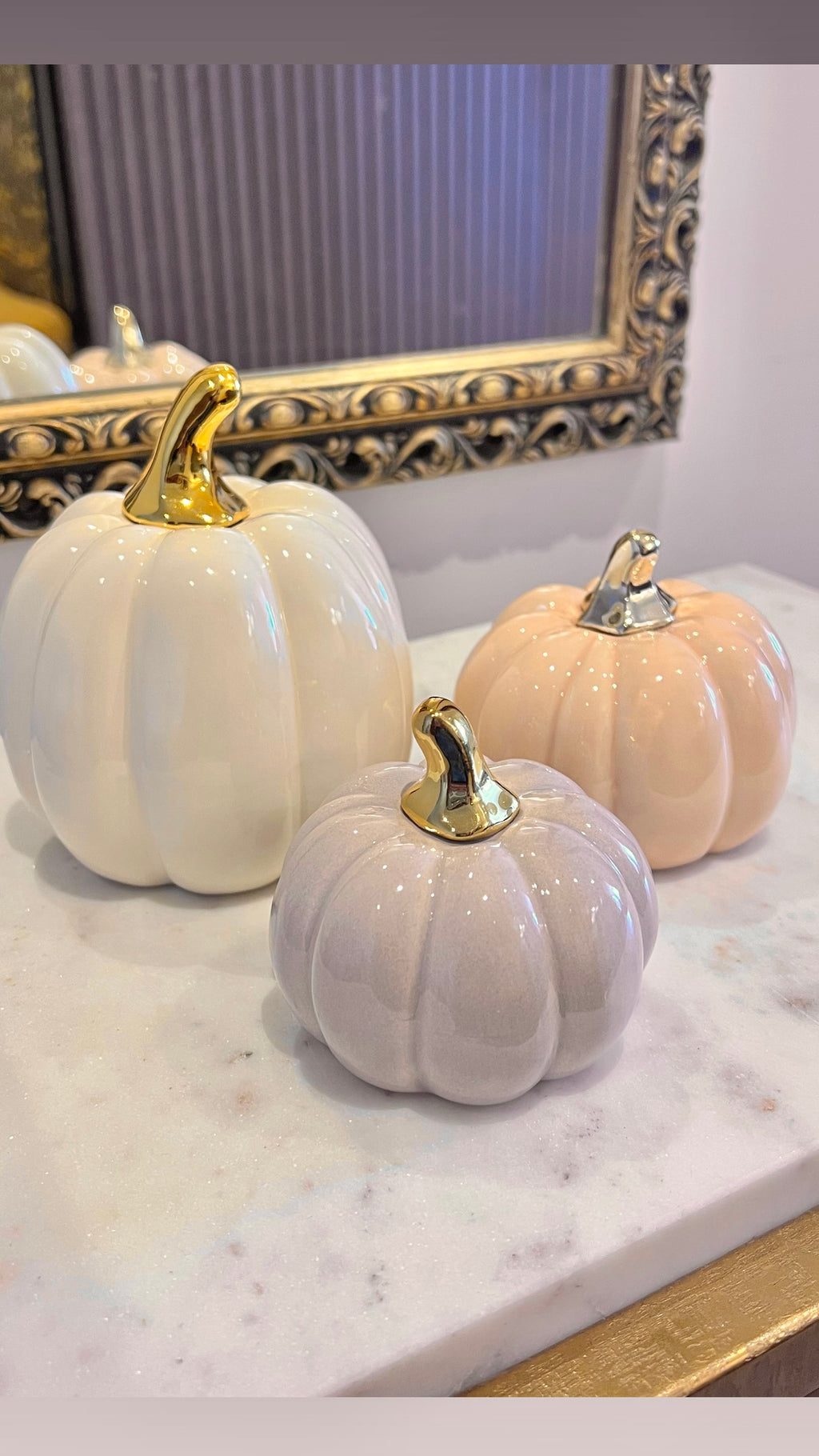 Small Porcelain Pumpkins with Gold Stem Decorative Ornament set of 2