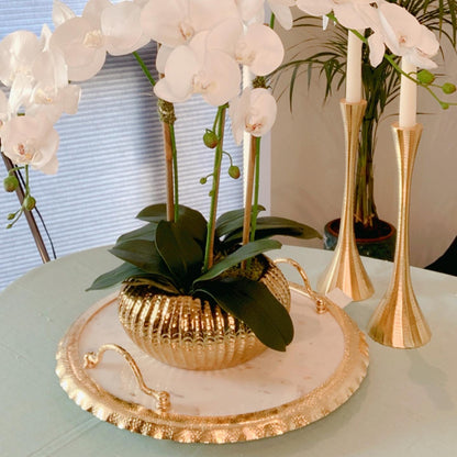 Round Marble Tray with Ruffle Gold Edge and handles