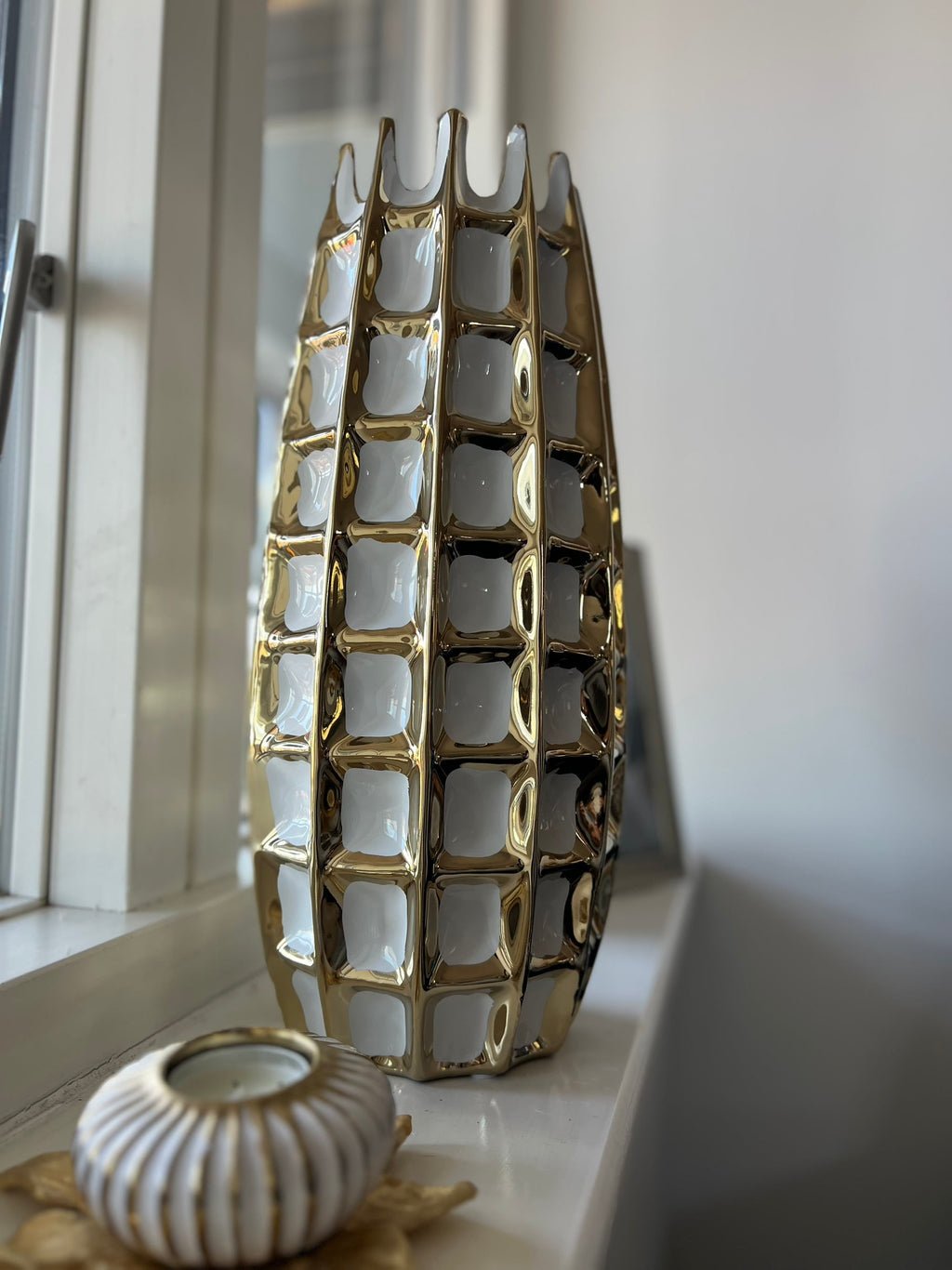 Large White and Gold Square Design Decorative Vase-High Class Touch