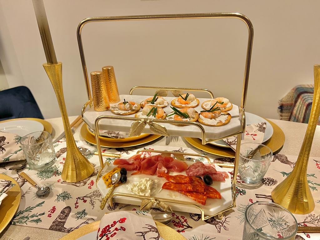 Two-Tier Marble and Gold Cake Stand Tray Leaf Design