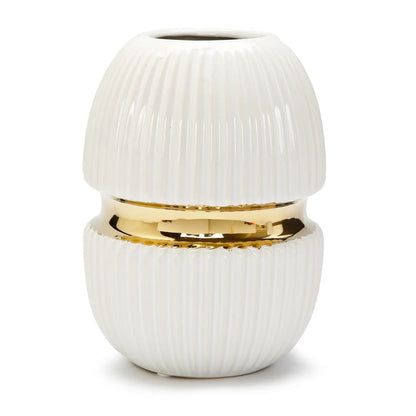8" Ribbed White Ceramic Vase Gold Center Design Vases High Class Touch - Home Decor 