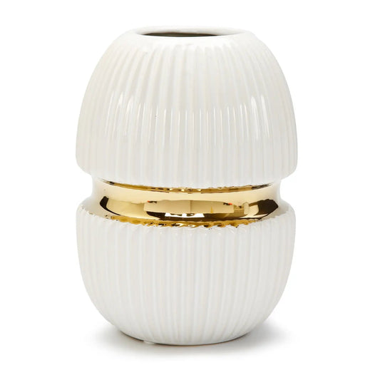 8" Ribbed White Ceramic Vase Gold Center Design Vases High Class Touch - Home Decor 