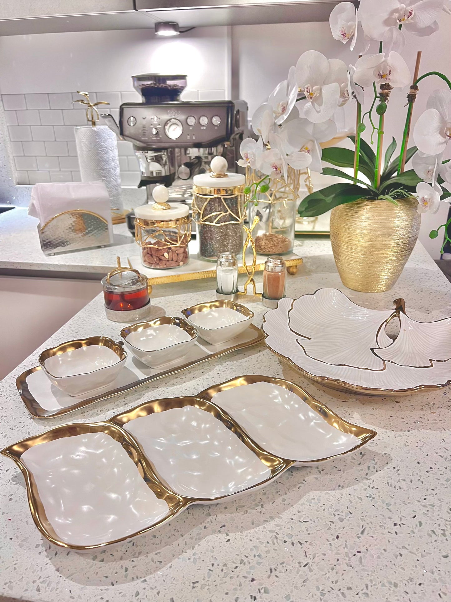 Relish Dish with 3 Square Bowls with Gold Trim