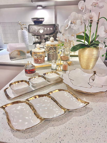 Relish Dish with 3 Square Bowls with Gold Trim