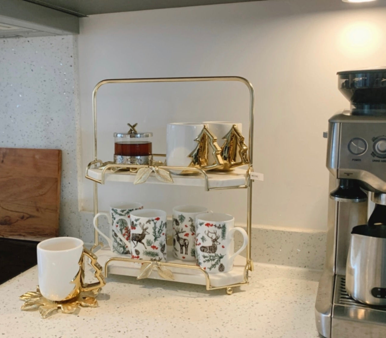Two-Tier Marble and Gold Cake Stand Tray Leaf Design
