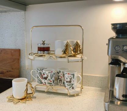 Two-Tier Marble and Gold Cake Stand Tray Leaf Design