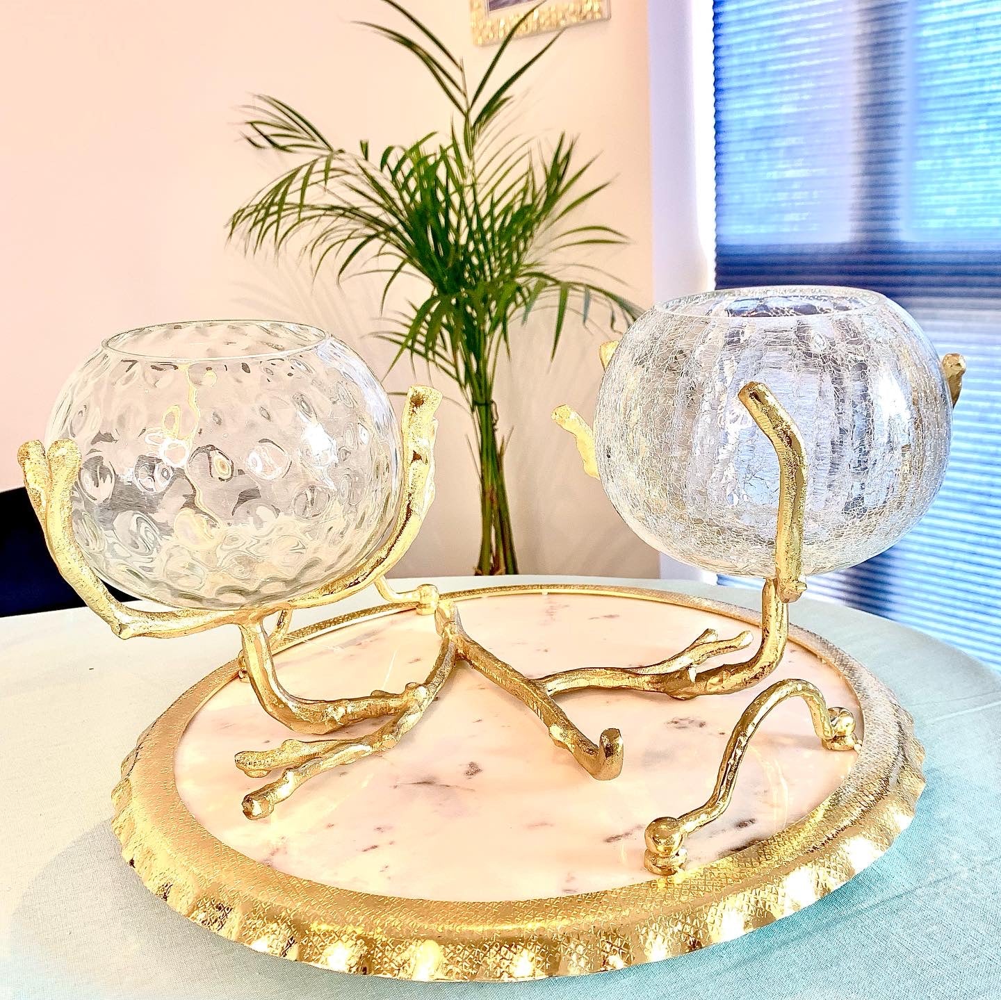 Round Marble Tray with Ruffle Gold Edge and handles