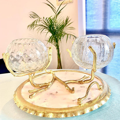 Round Marble Tray with Ruffle Gold Edge and handles