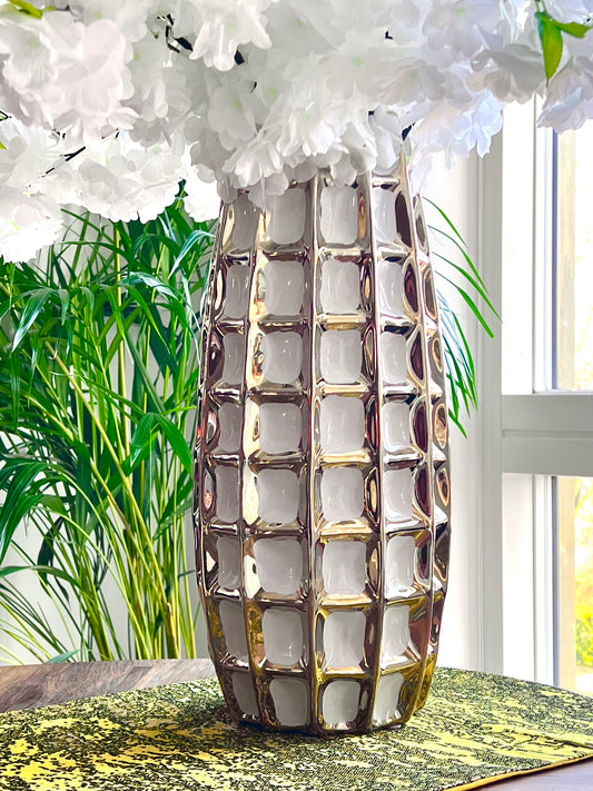 Large White and Gold Square Design Decorative Vase