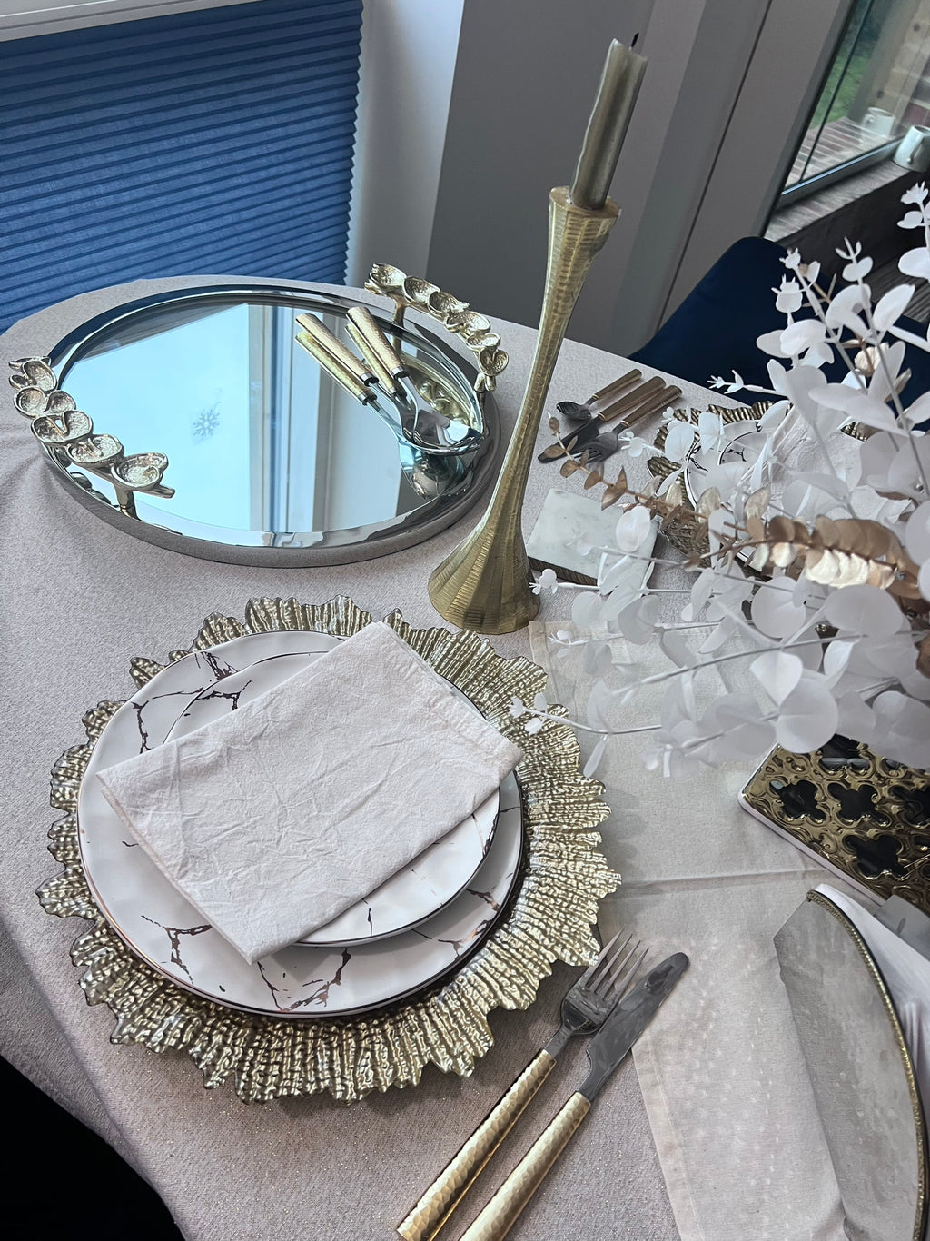 Mirror Tray Silver Border Gold Leaf Design On Handle-High Class Touch