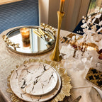 Mirror Tray Silver Border Gold Leaf Design On Handle - High Class Touch
