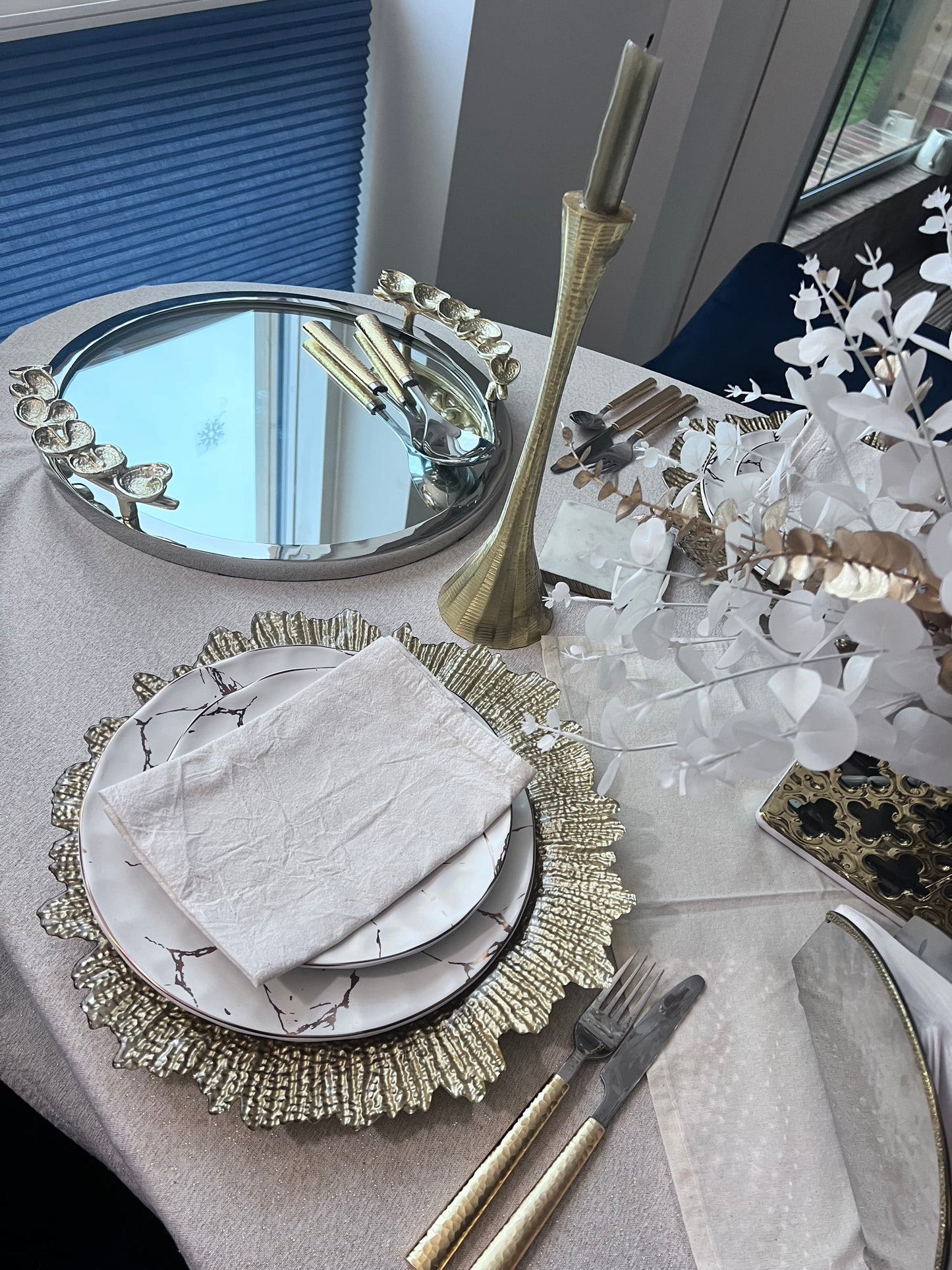 Mirror Tray Silver Border Gold Leaf Design On Handle