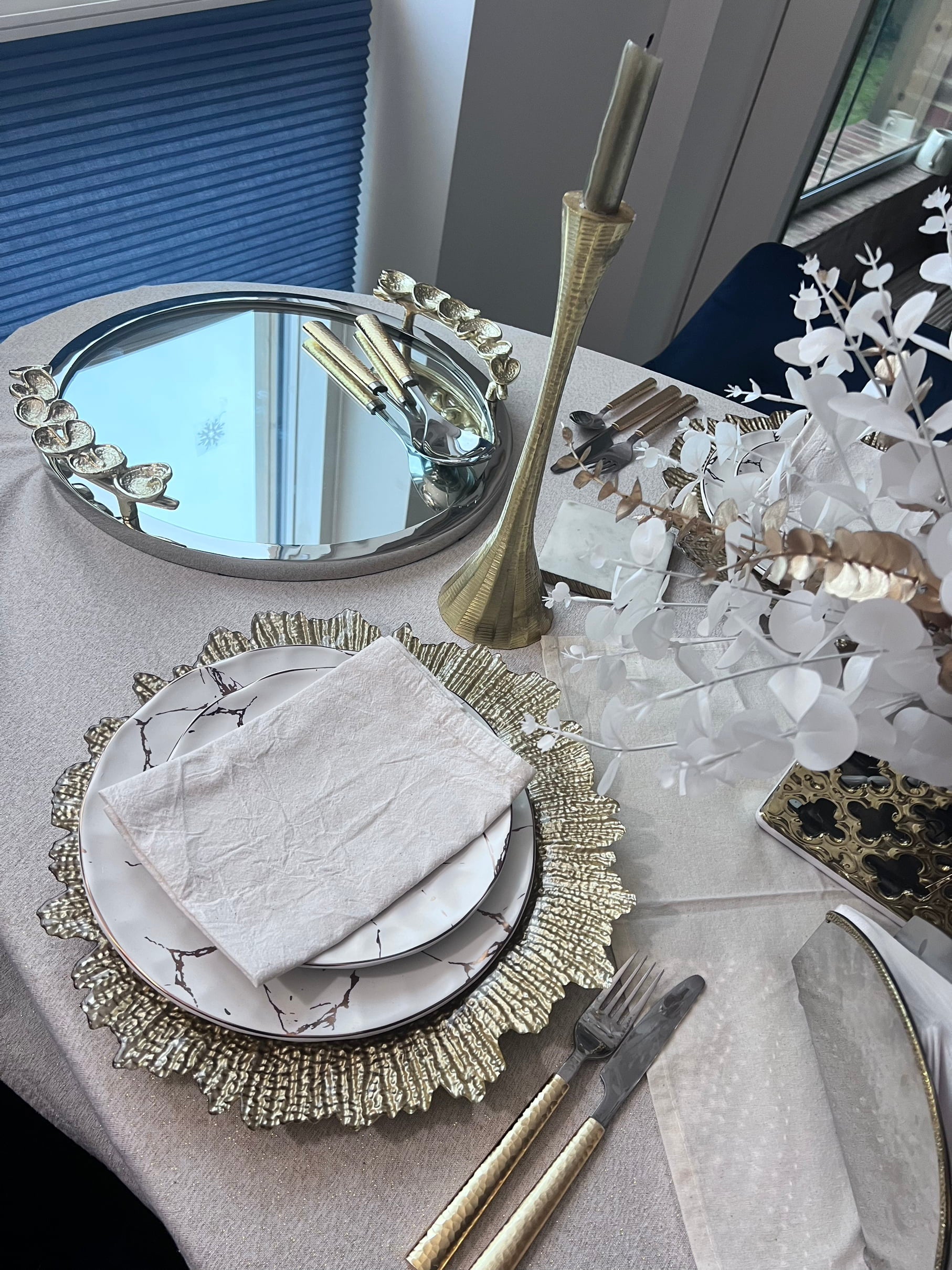 Mirror Tray Silver Border Gold Leaf Design On Handle-High Class Touch