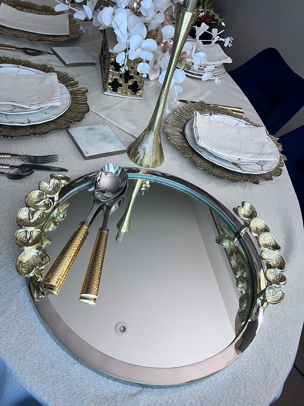 Mirror Tray Silver Border Gold Leaf Design On Handle-High Class Touch