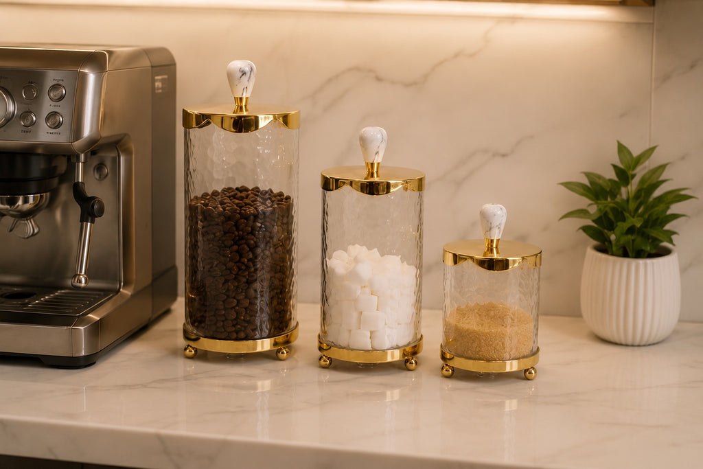 Glass Canister with Gold Metal Lid and Marble Knob (3 Sizes)