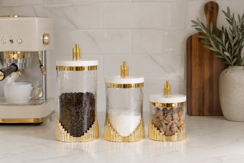 Glass Canister with Marble Lid and Symmetrical Gold Design - High Class Touch