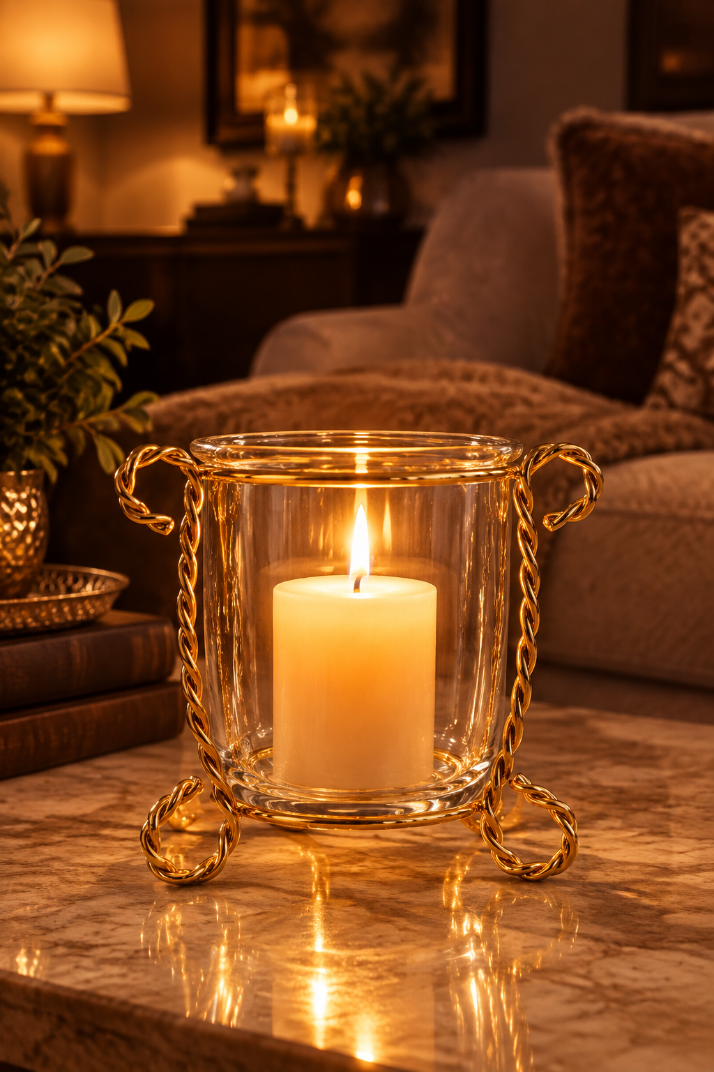 Glass Small Vase On Gold Brass base 4"
