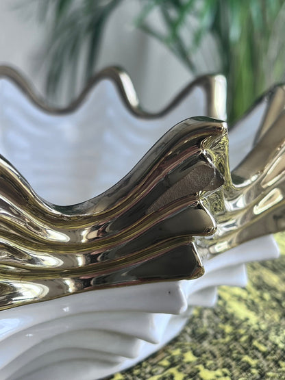 White and Gold Scalloped Ceramic Fruit Bowl (with imperfection)