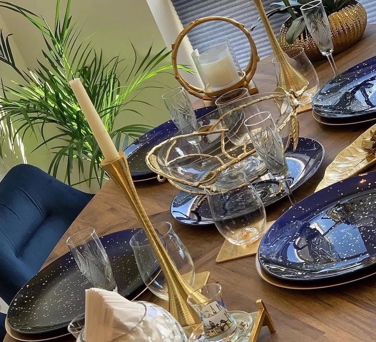 Gold glass fruit bowl with stainless leaf stand | High Class Touch UK