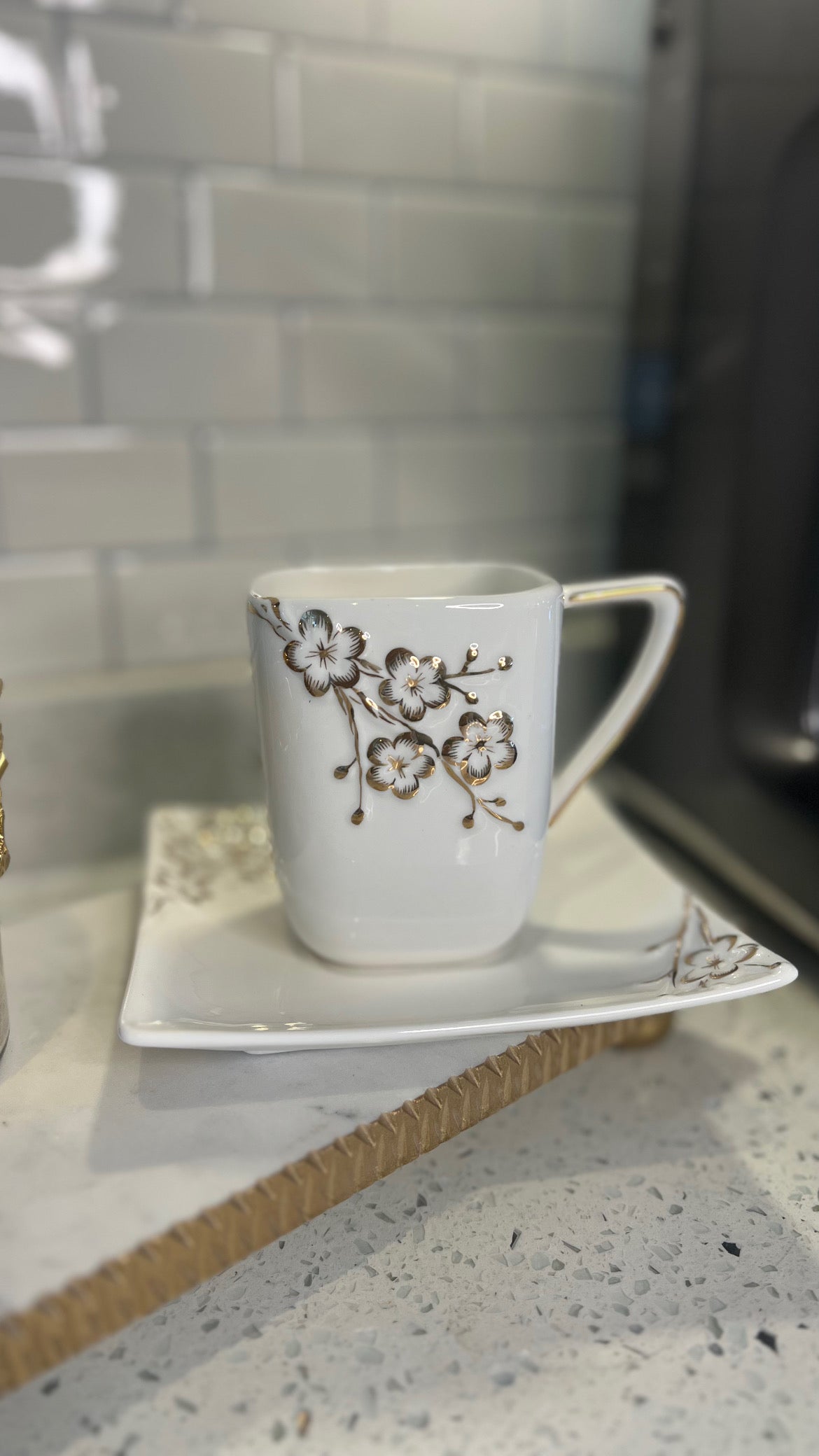 White Square Soucer and Mug with Gold Floral Artwork Design